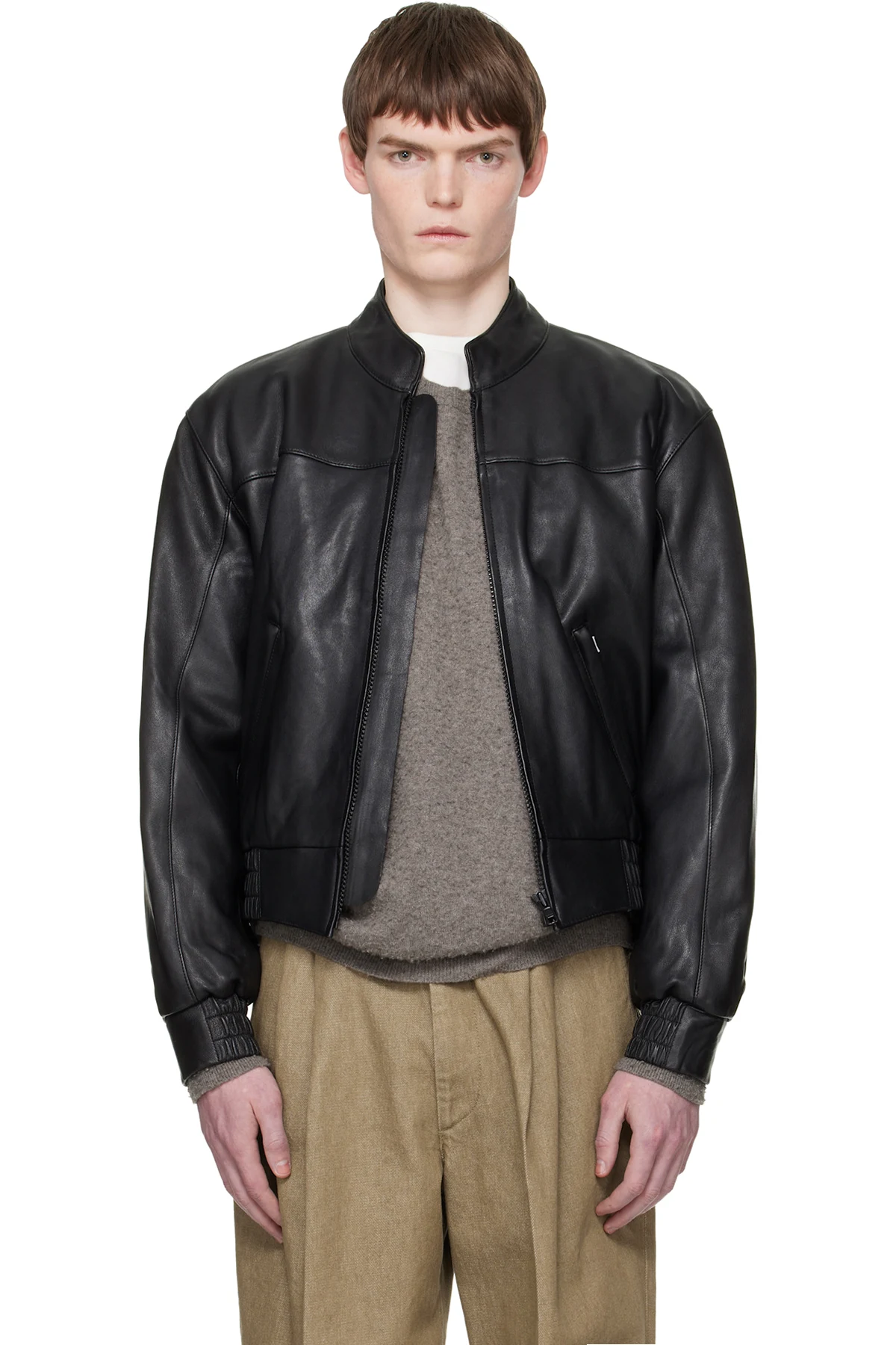Black Leather Polo Biker Jacket