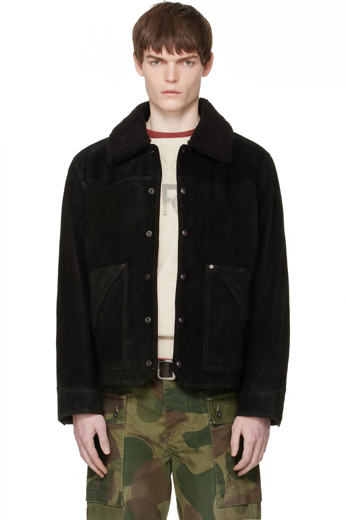 Black Shearling-Collar Suede Western Jacket