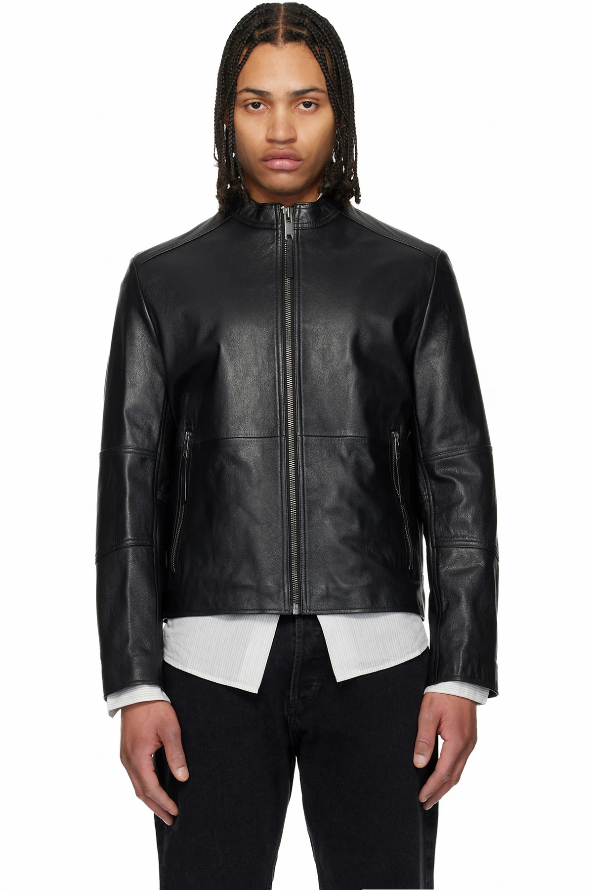 Black Slim Fit Grained Leather Jacket