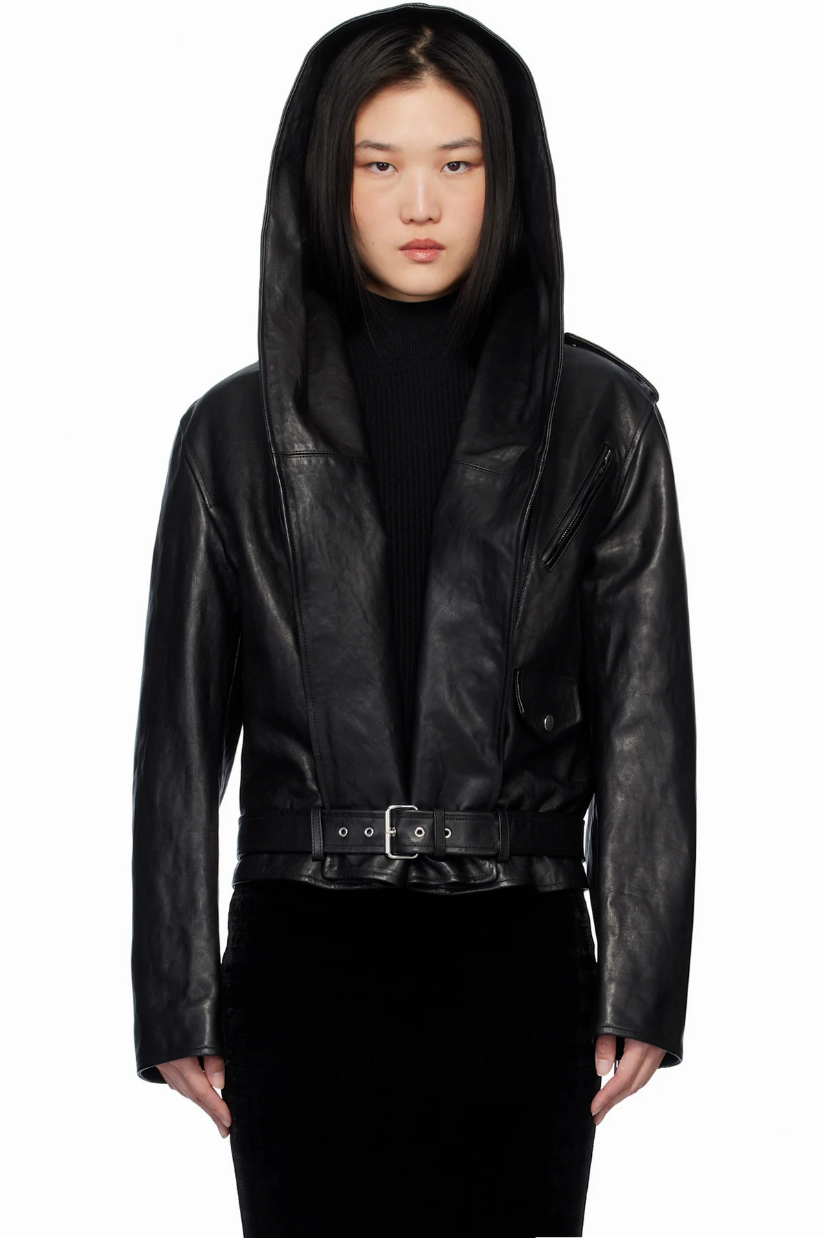 Black Hooded Biker Leather Jacket