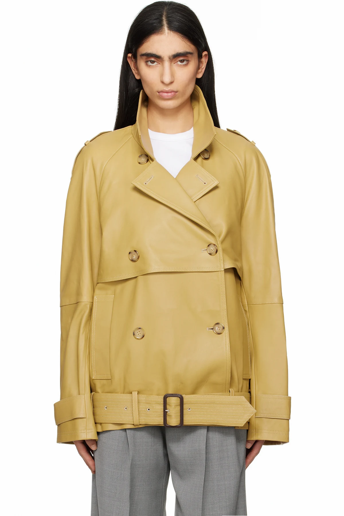 Tan Short Trench Leather Jacket