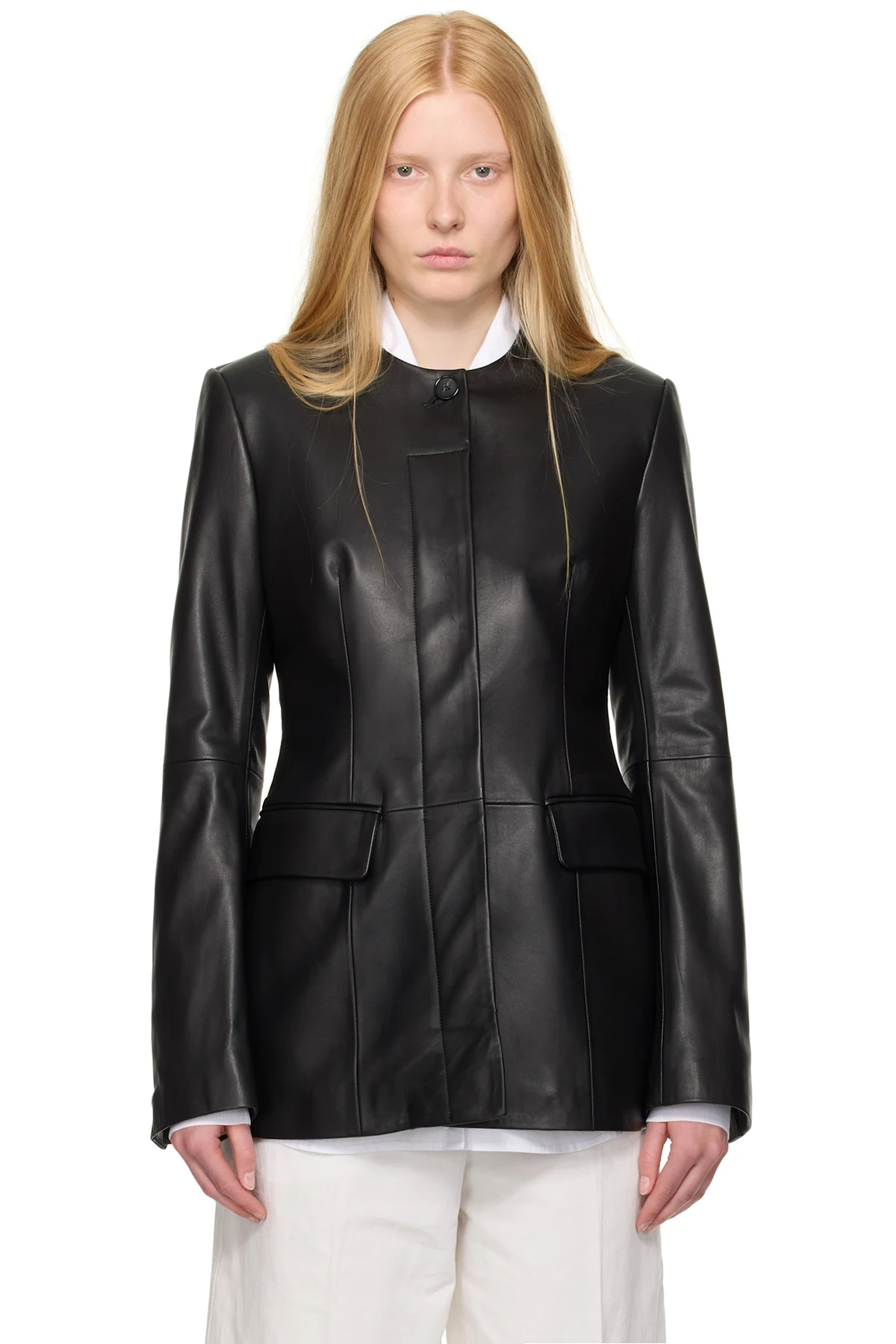 Black Collarless Leather Jacket