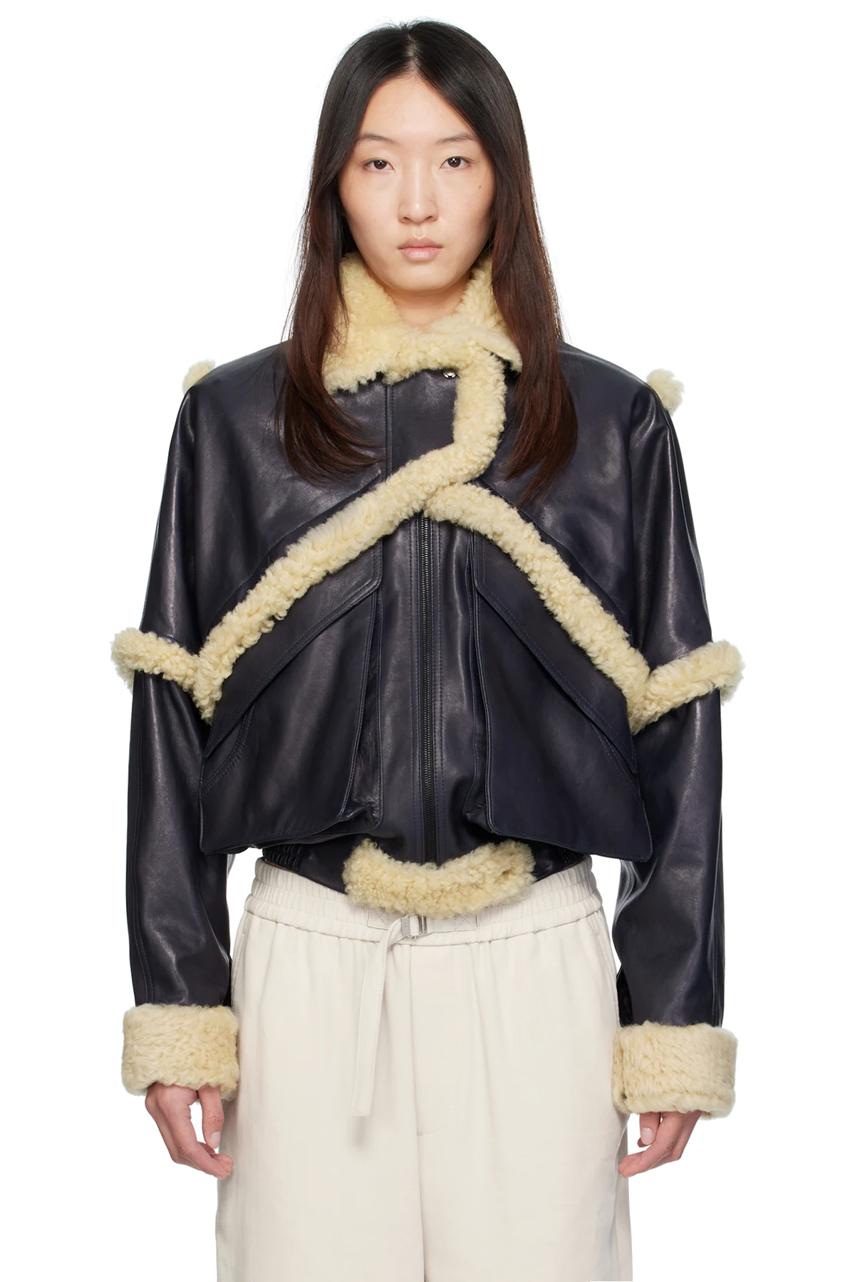 Navy Shearling Leather Bomber Jacket