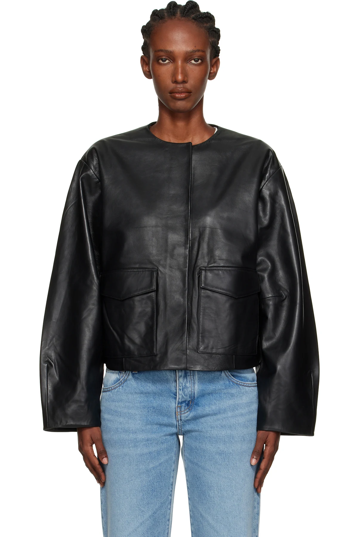 Black Utility Cocoon Leather Jacket