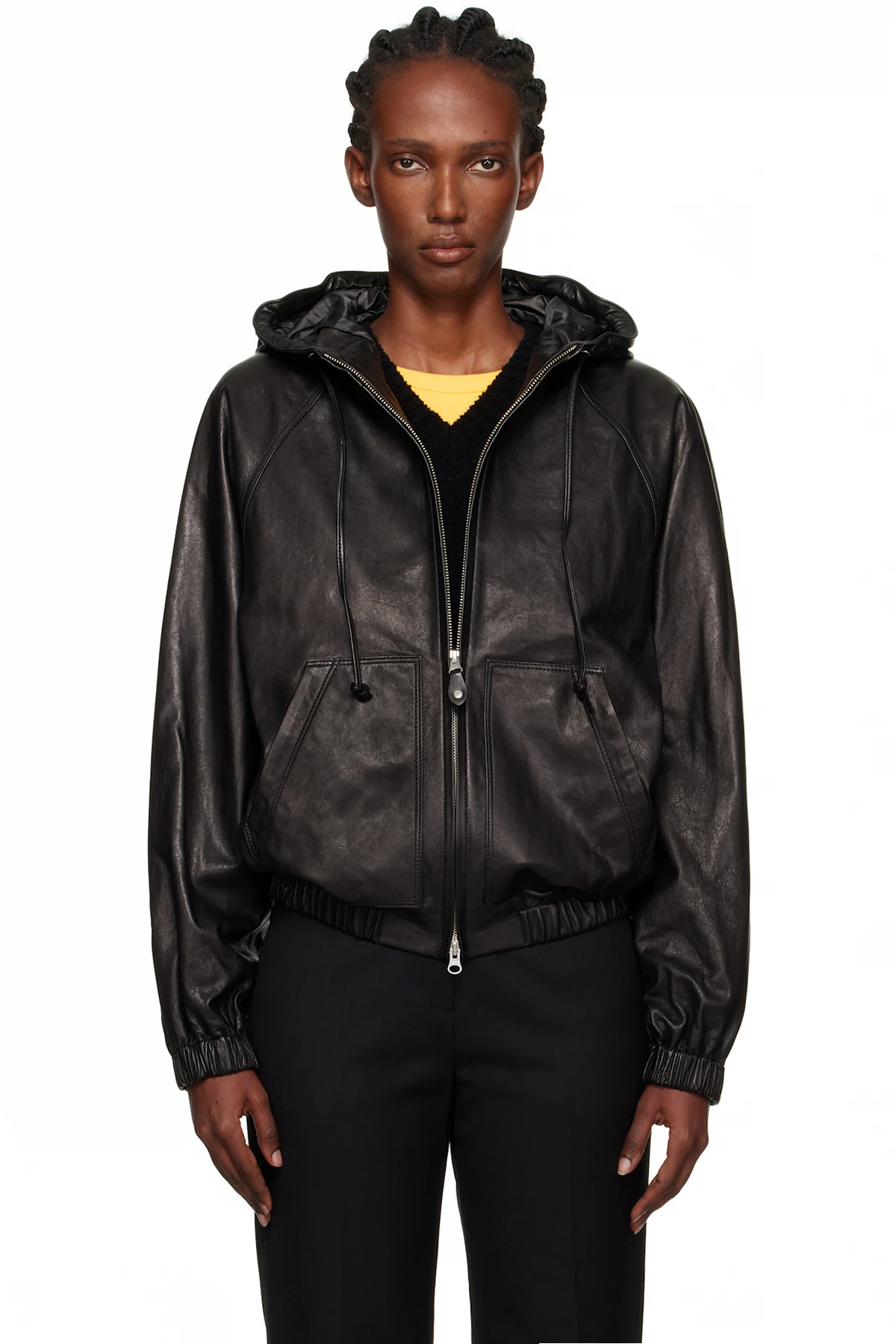 Black Hooded Leather Blouson Jacket