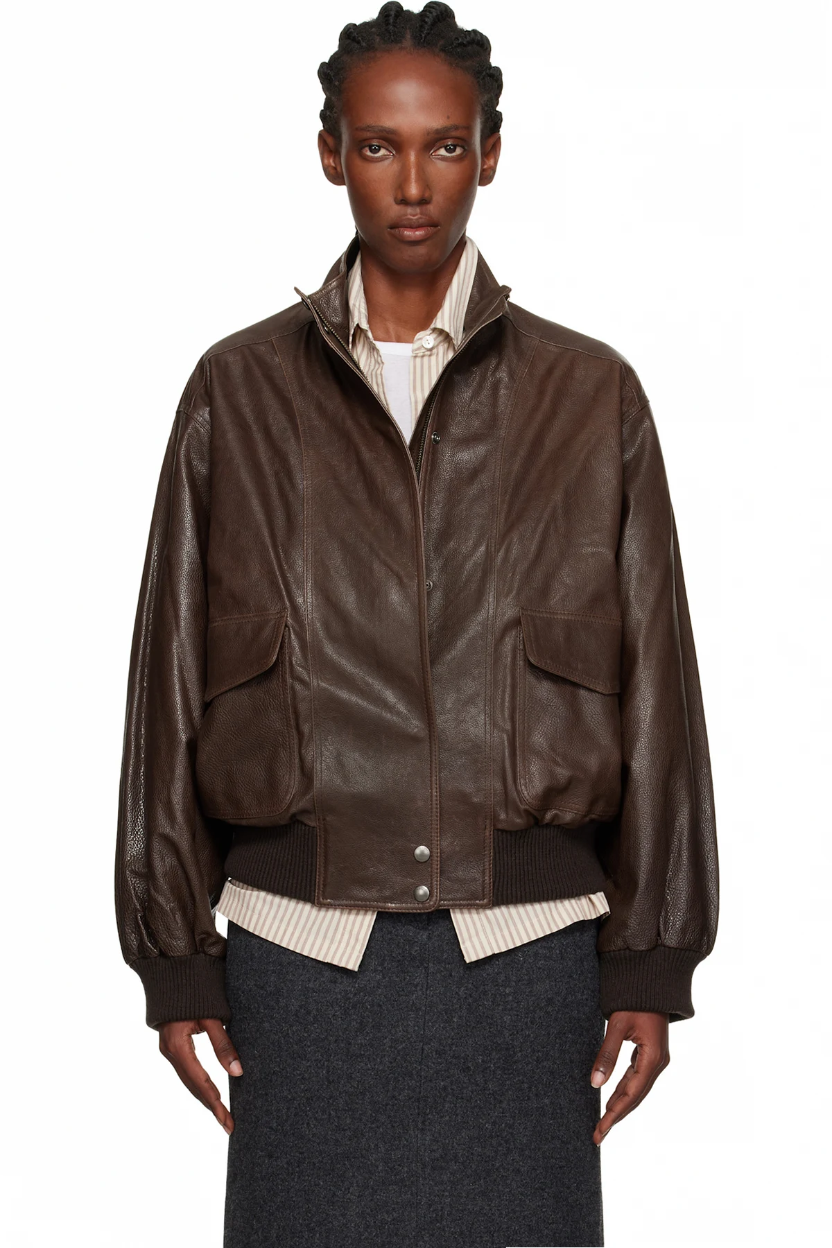 Brown Stand Collar Leather Blouson Jacket