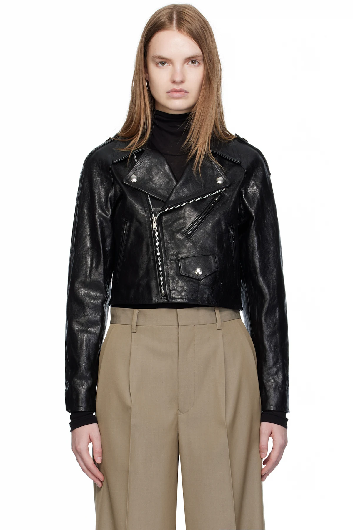 Black Cropped Riders Lamb Leather Jacket