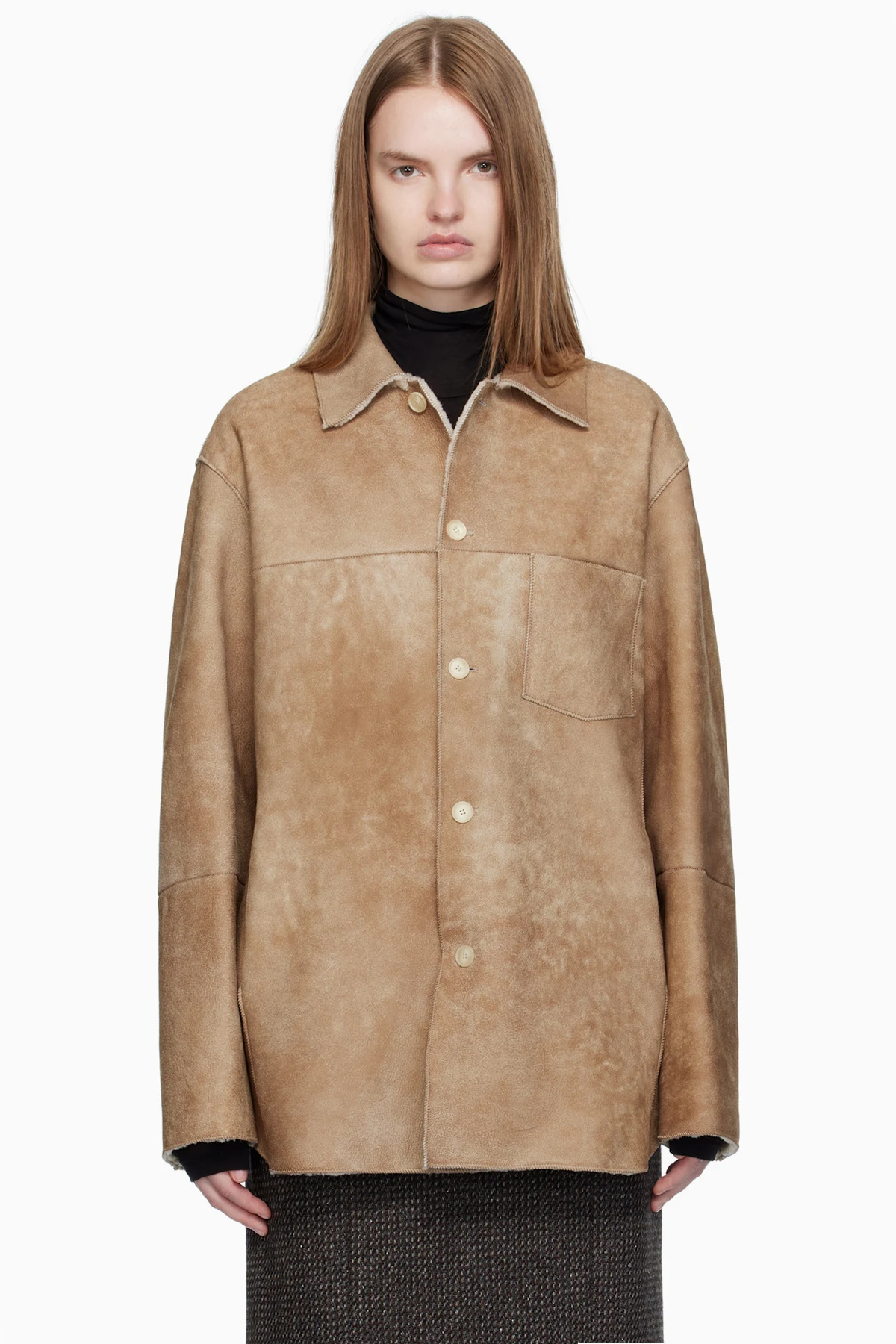 Beige Merino Mouton Shearling Shirt Jacket