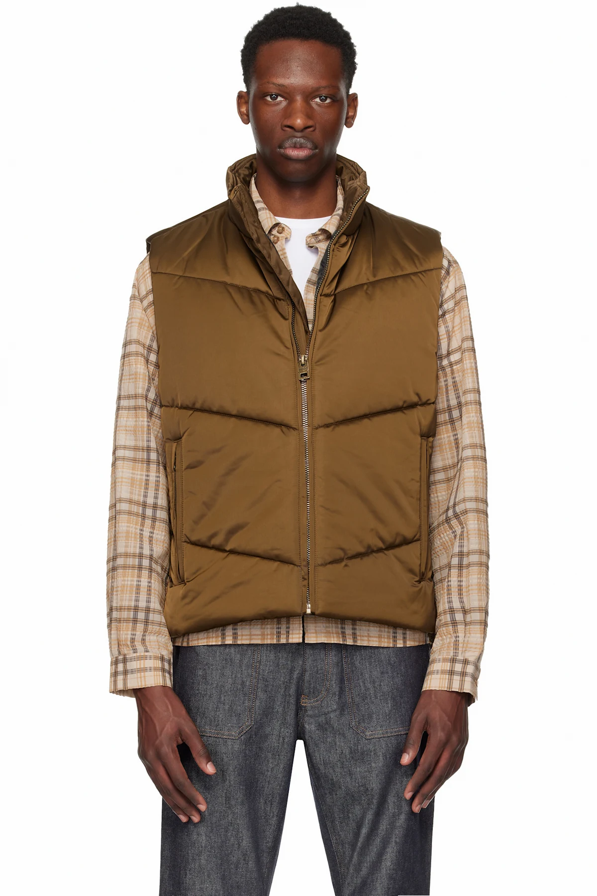 Brown Water-Repellent Padded Satin Vest