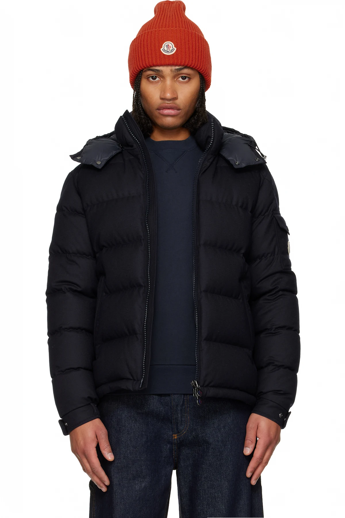 Navy Montgenevre Hooded Wool Flannel Short Down Jacket