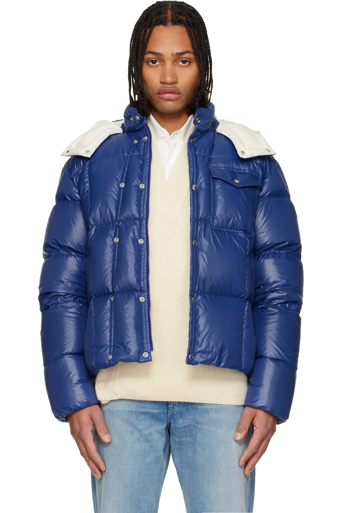 Blue Serfanto Hooded Short Down Jacket