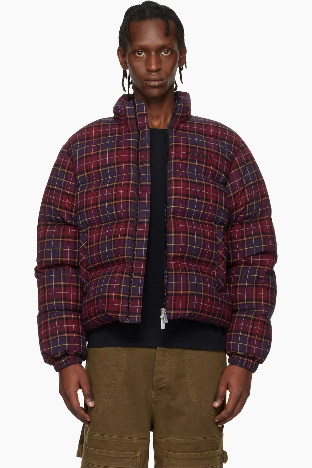 Burgundy Spray Arrow Check Flannel Down Jacket