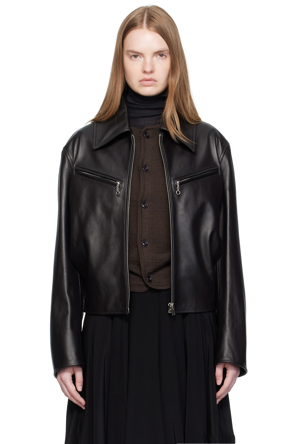 Brown Boxy Leather Blouson Jacket