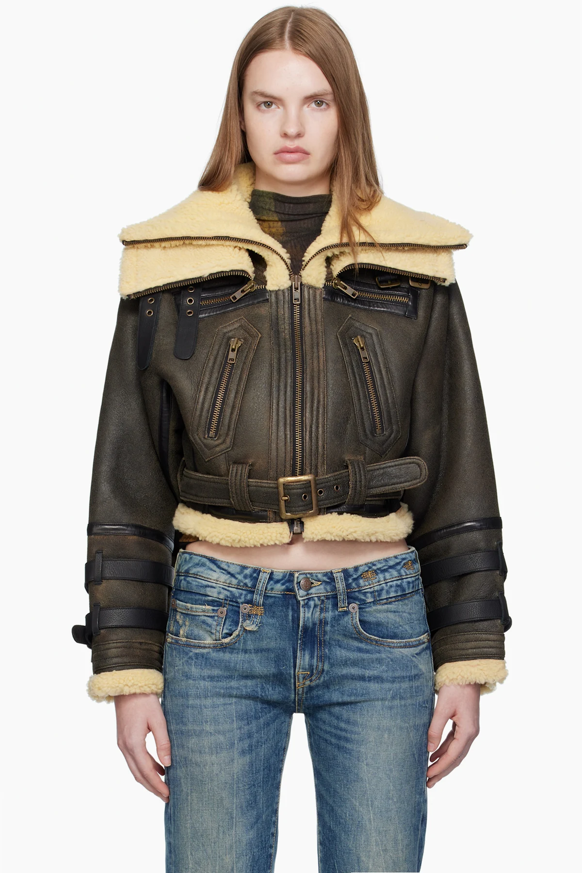 Black Cropped Shearling Bomber Jacket