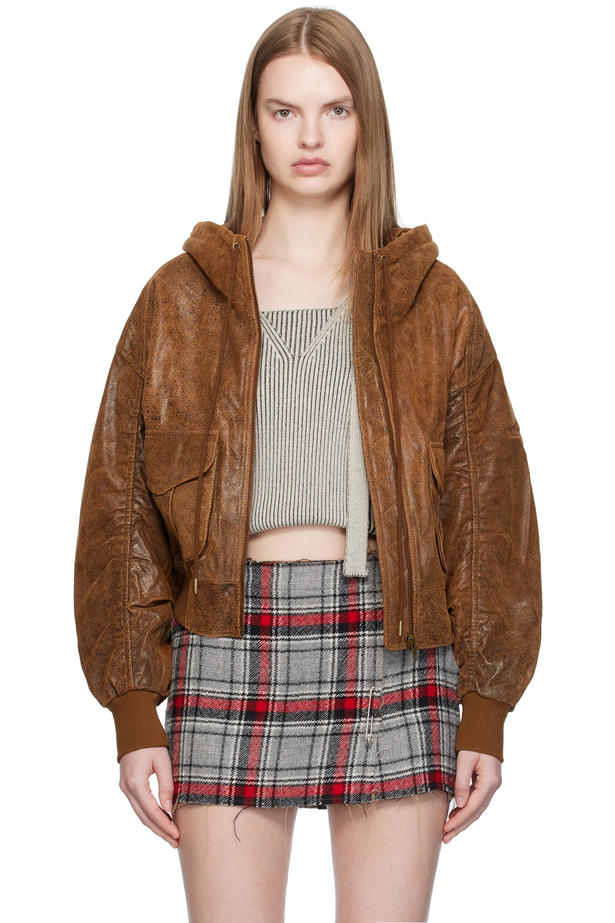 Tan Shirred Oversized Leather Bomber Jacket