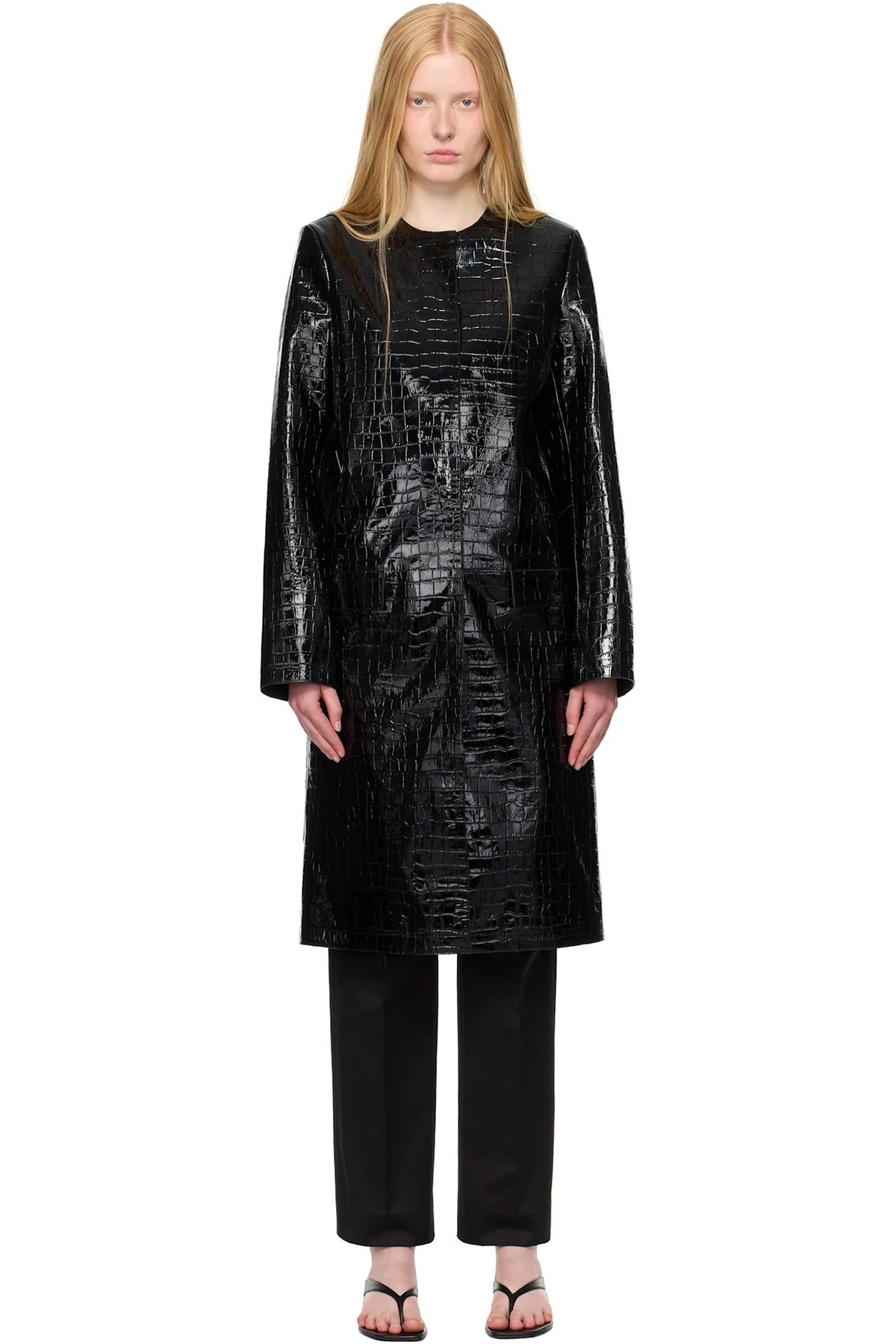 Black Croco-Embossed Leather Coat