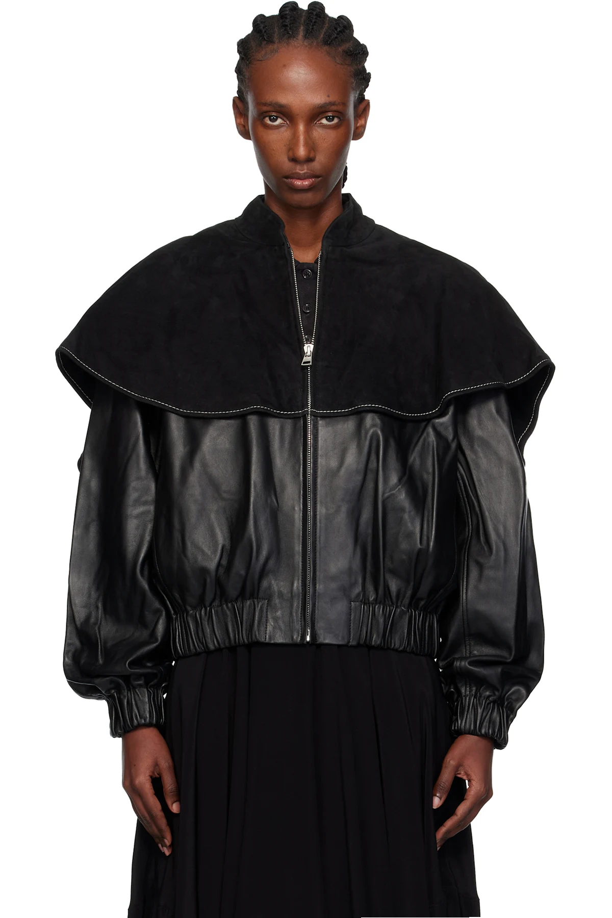 Black Oversized Collar Leather Bomber Jacket