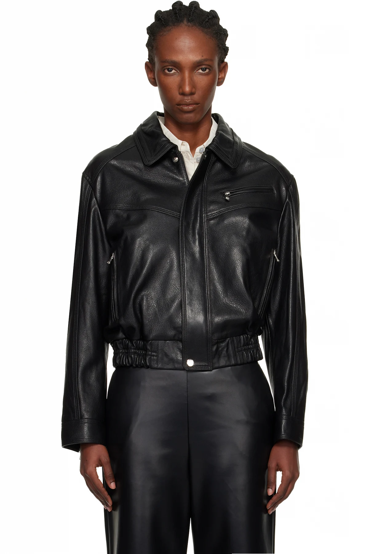 Black Clint Cropped Leather Bomber Jacket