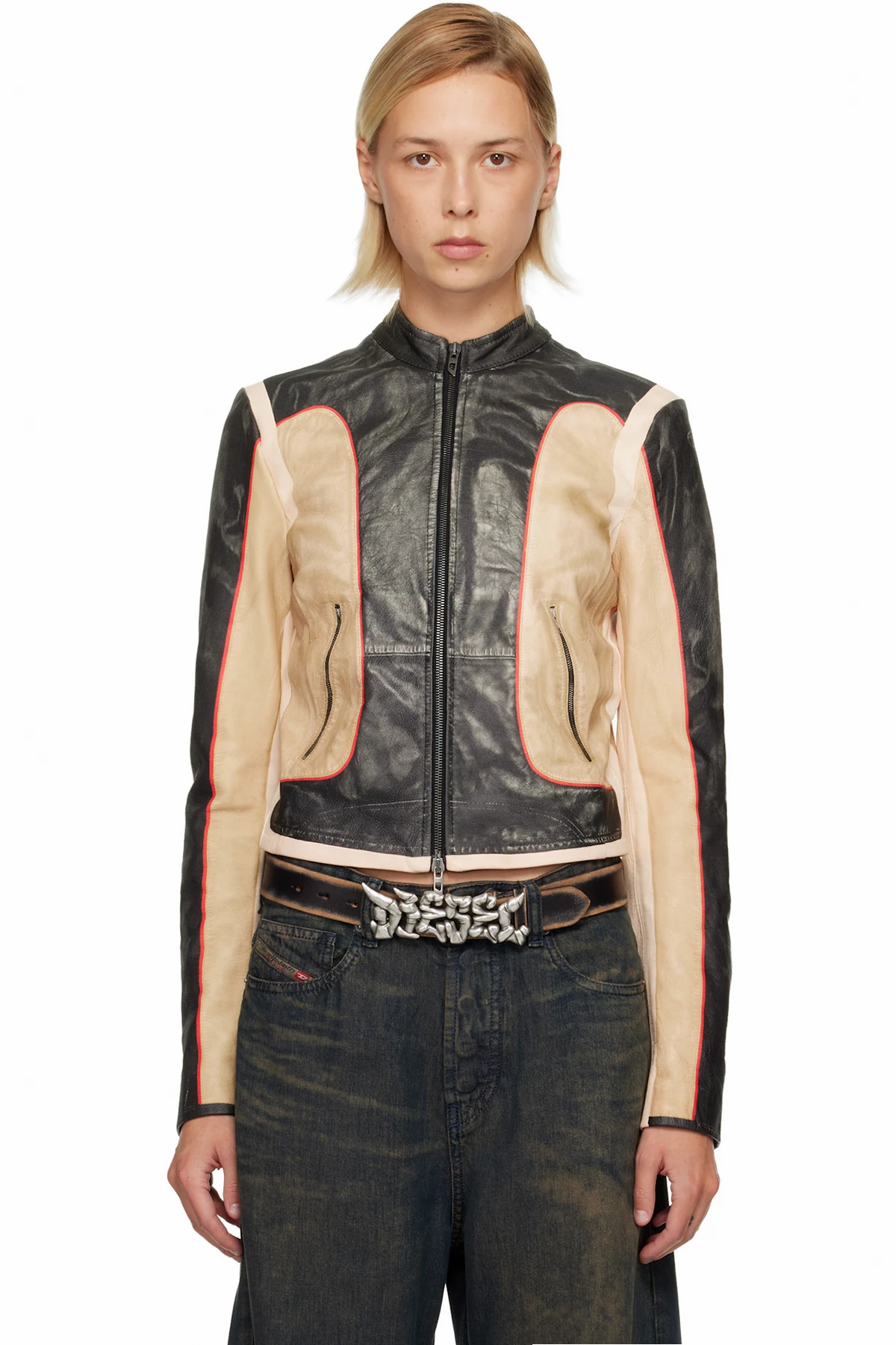Black & Beige L-Oonie Leather Jacket