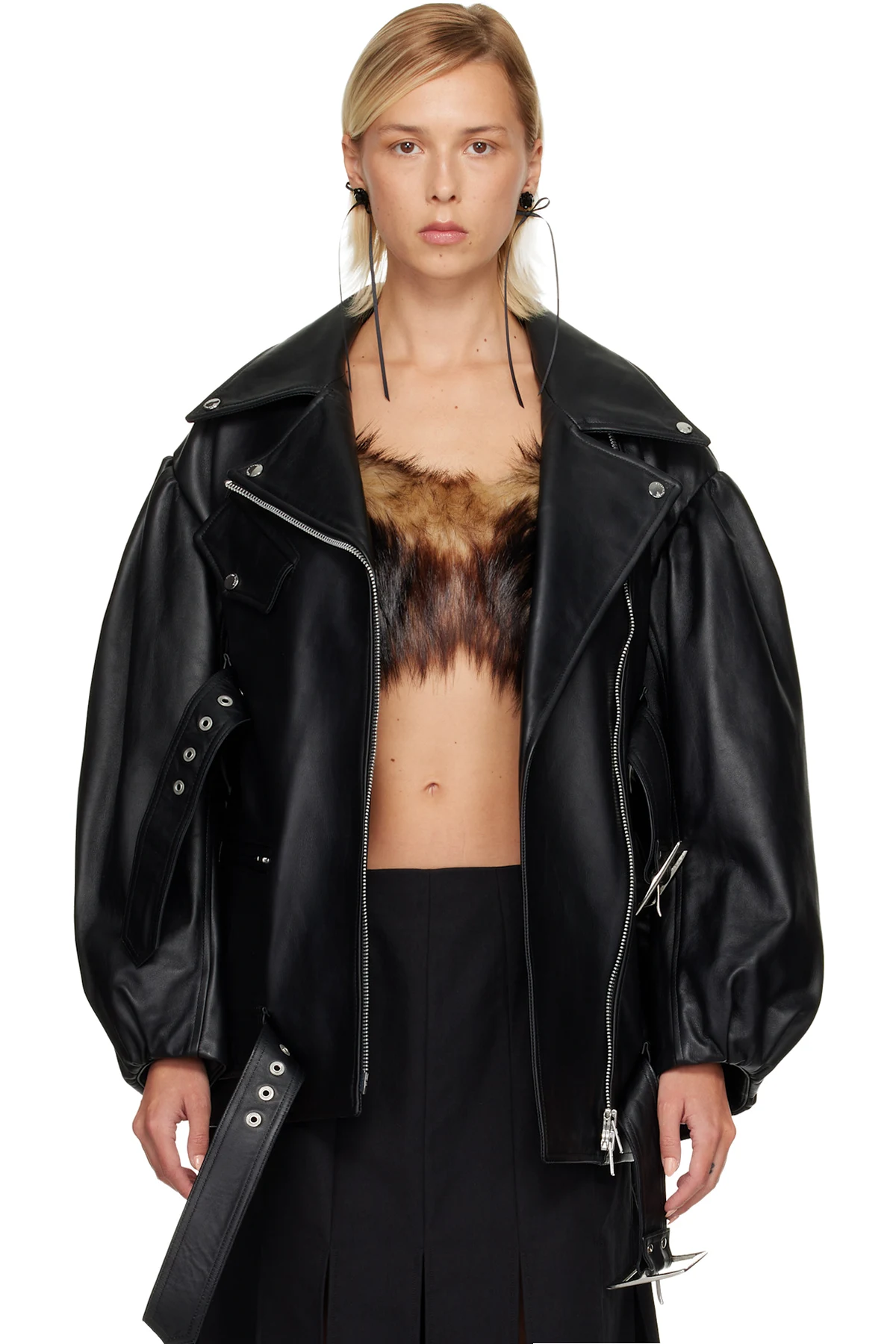 Black Puff Sleeve Multi Belt Leather Biker Jacket