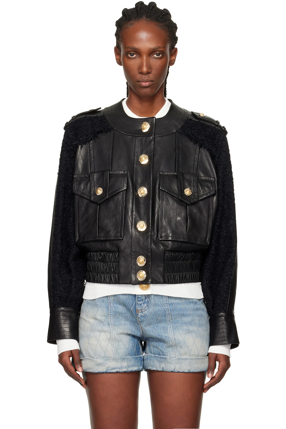 Black Tweed & Leather Bomber Jacket