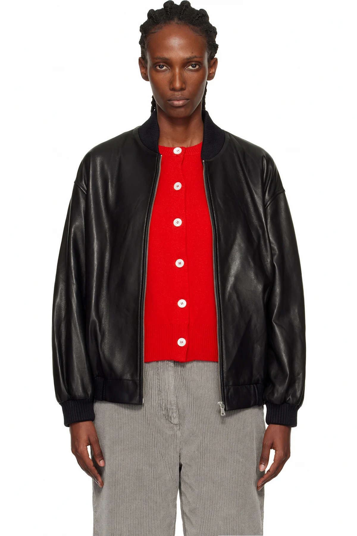 Black Marly Long Leather Bomber Jacket