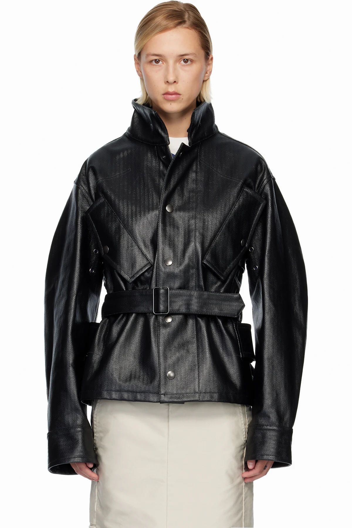 Black Belted Faux-Leather Jacket