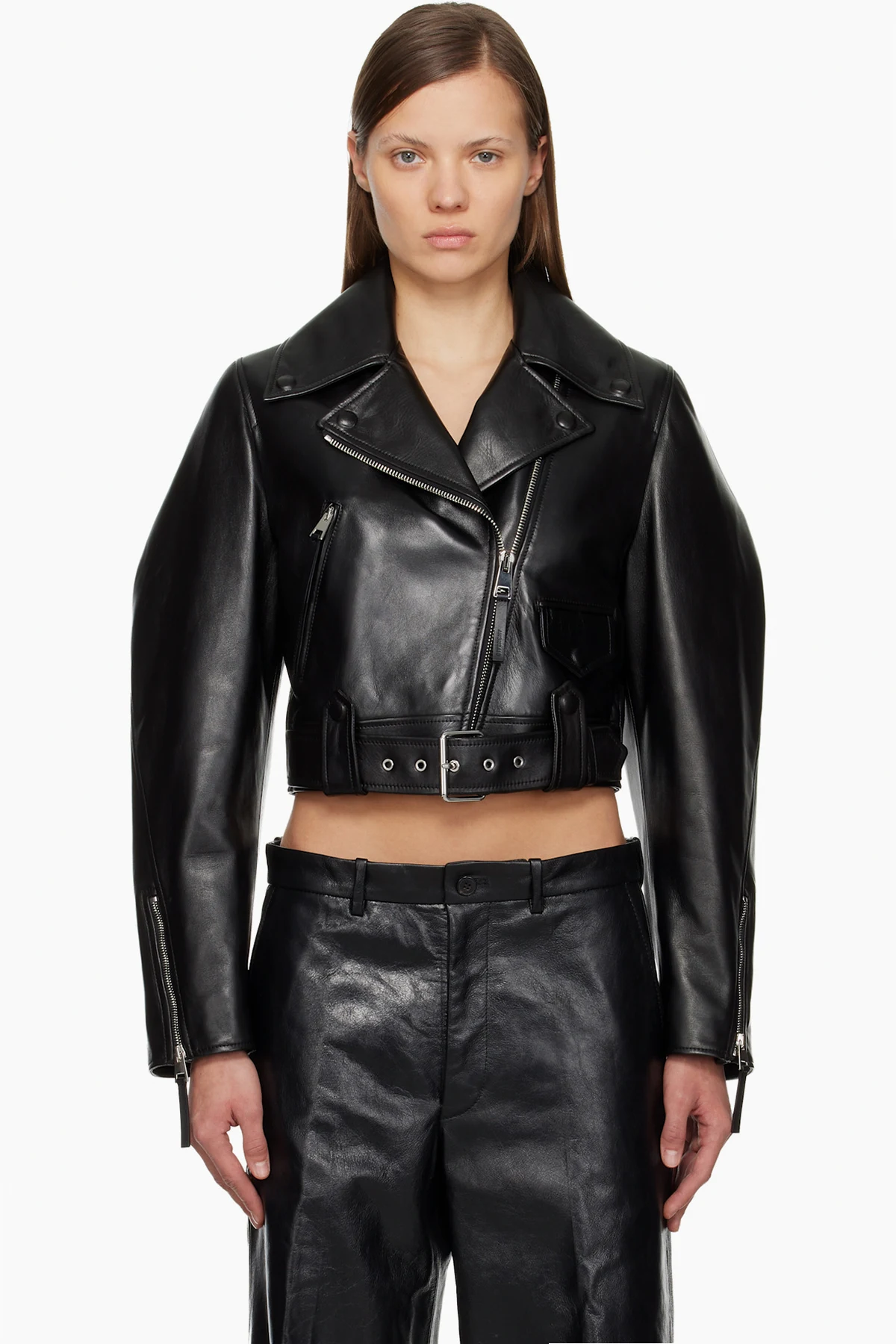 Black Cropped Cocoon Leather Biker Jacket