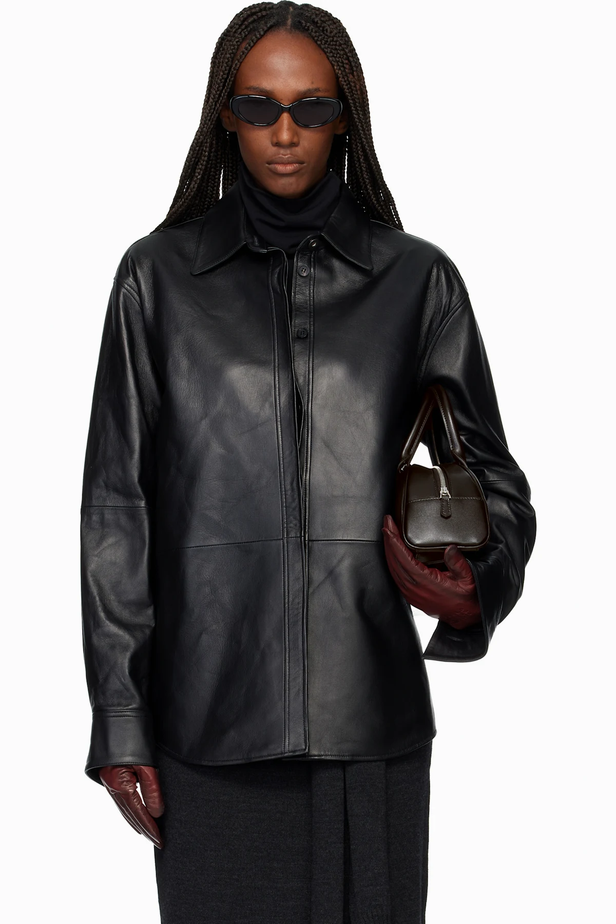 Black Leather Hidden Button Shirt