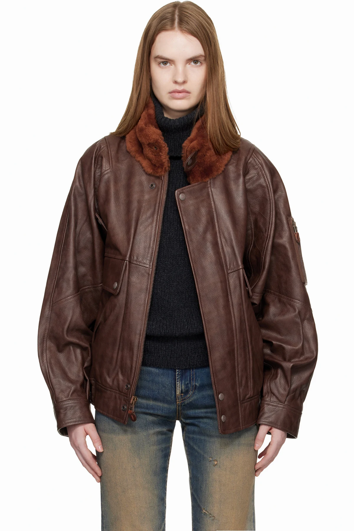 Brown Shearling Collar Flight Leather Jacket