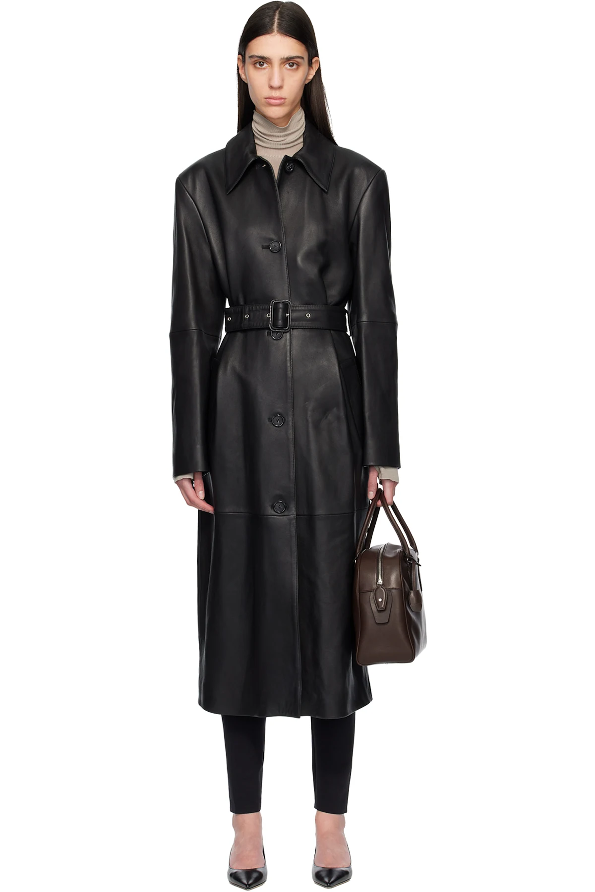 Black Belted Leather Coat