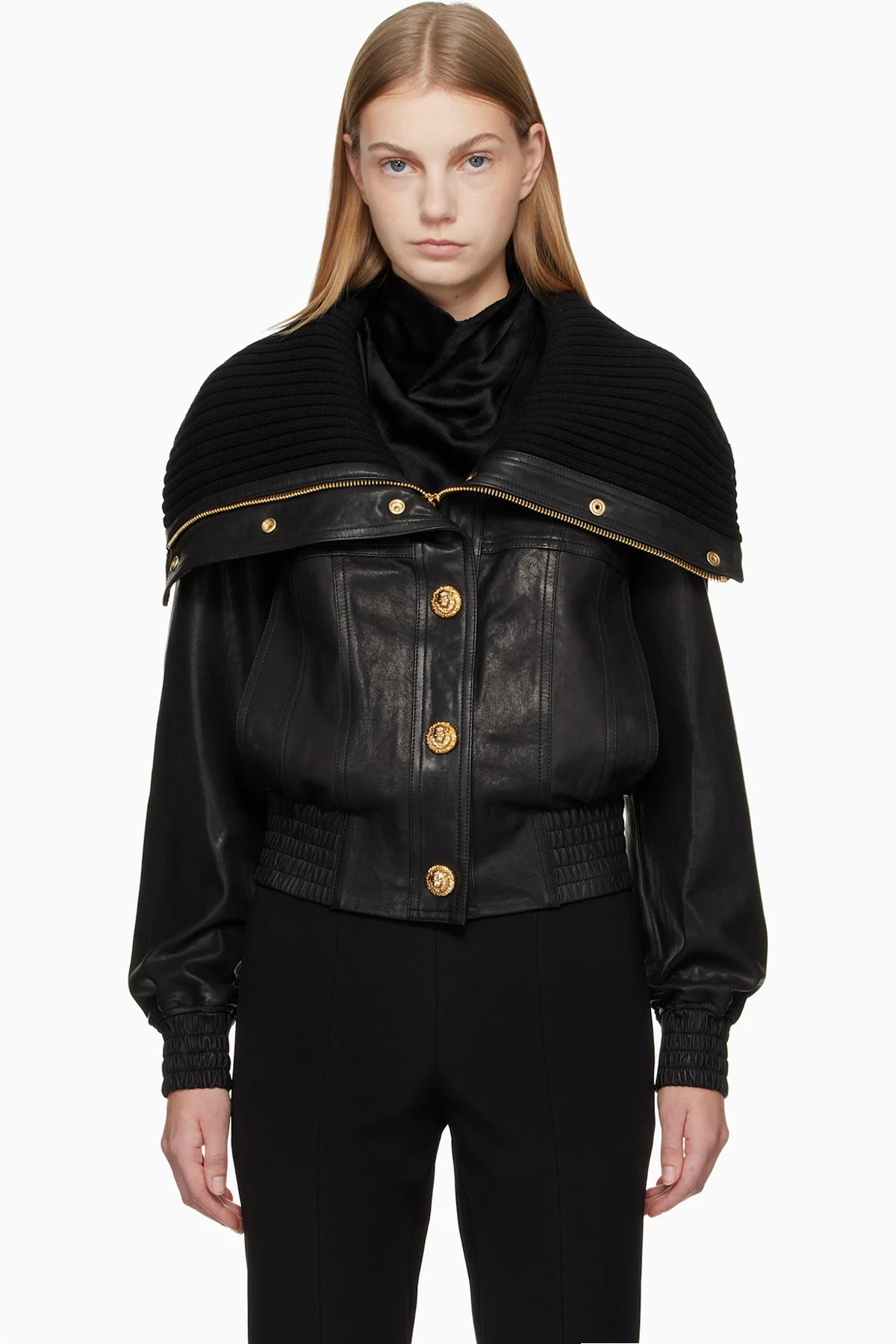 Black Lambskin & Knit Bomber Jacket