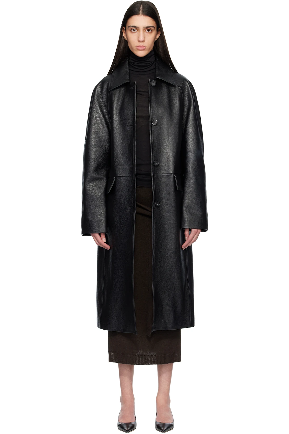 Black Raglan Leather Coat