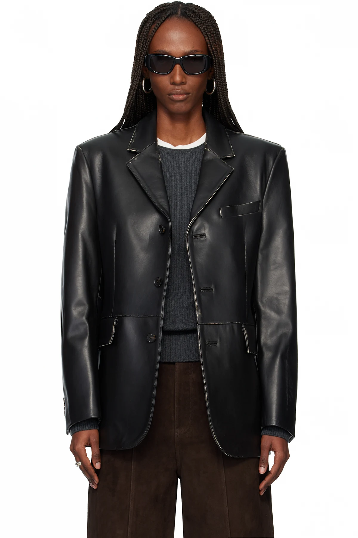 Black Nappa Leather Distressed Tailored Jacket