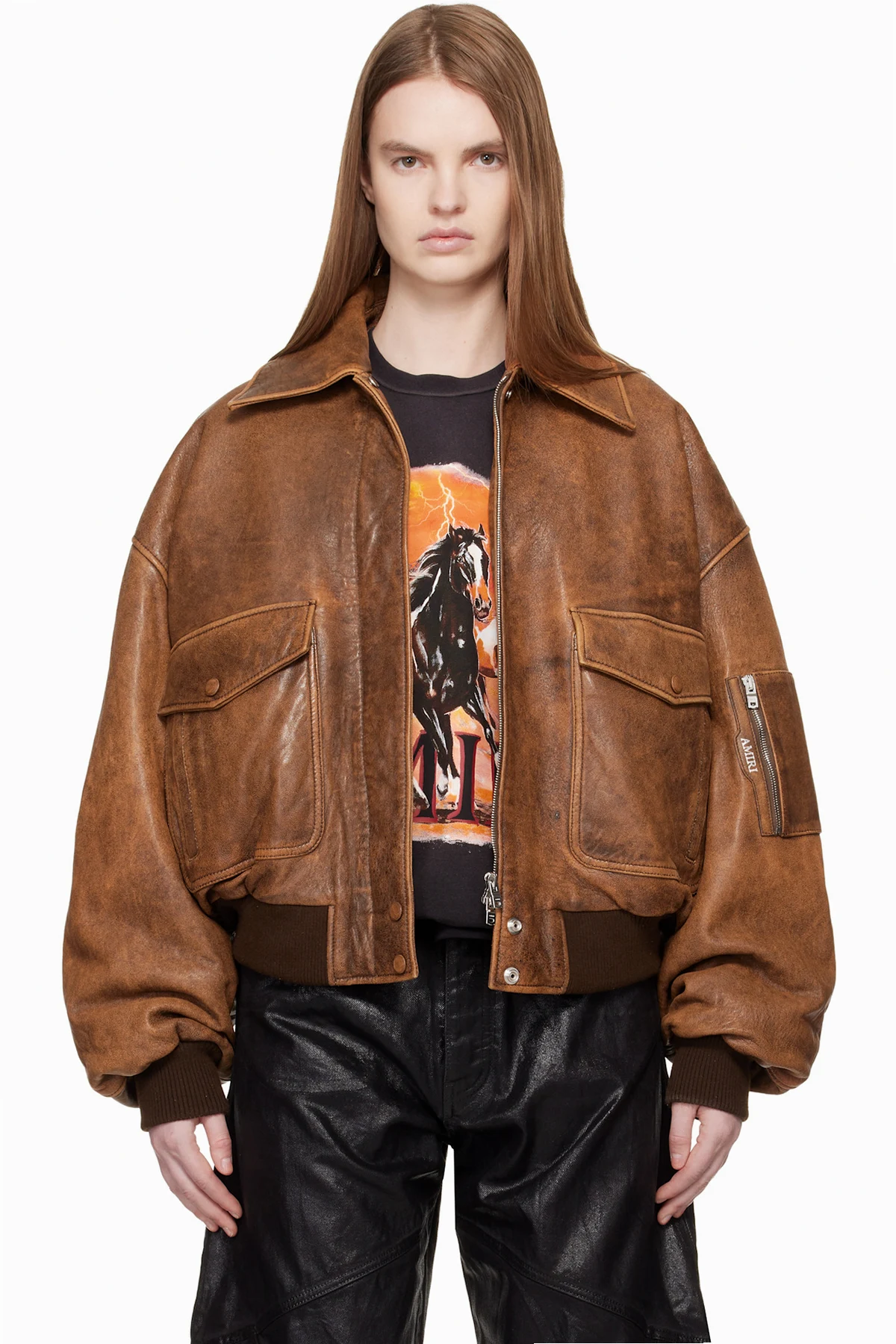 Tan Faded Leather Bomber Jacket