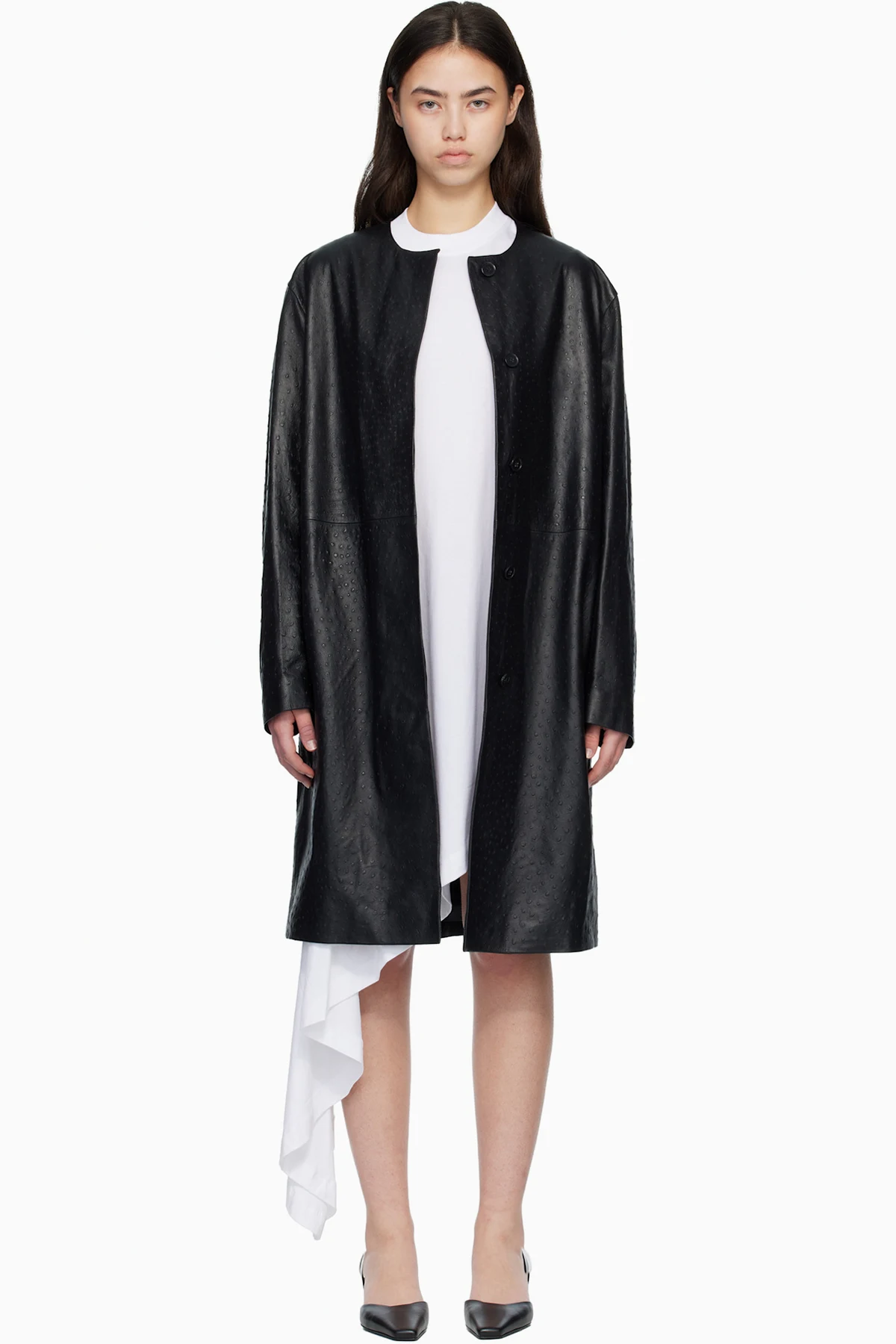 Black YARI Ostrich-Effect Leather Coat