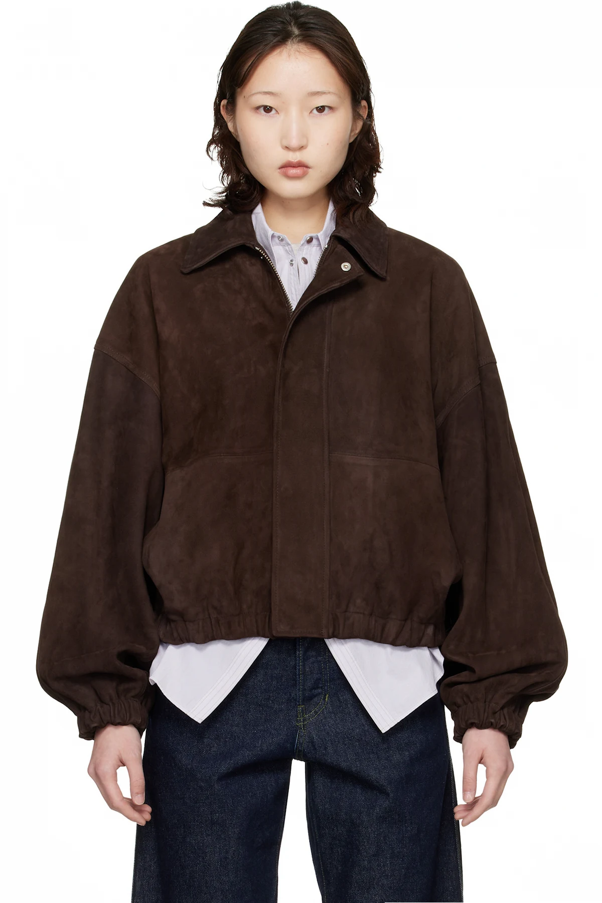 Brown Paneled Suede Bomber Jacket