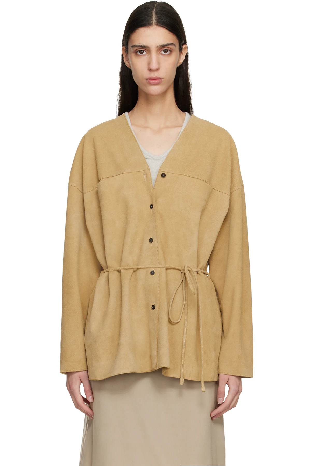 Tan Collarless Suede Jacket