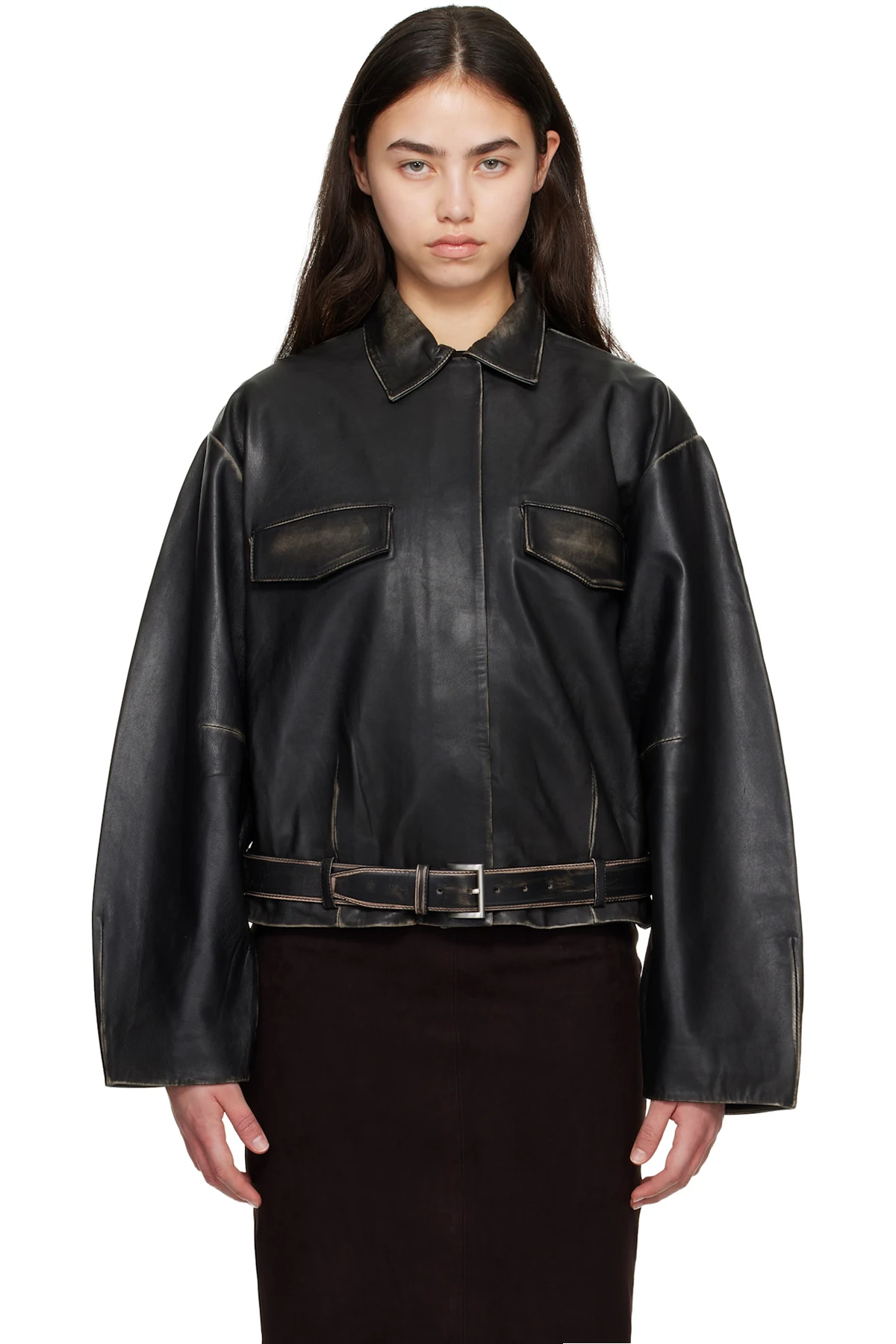 Black Brushed Belted Leather Jacket