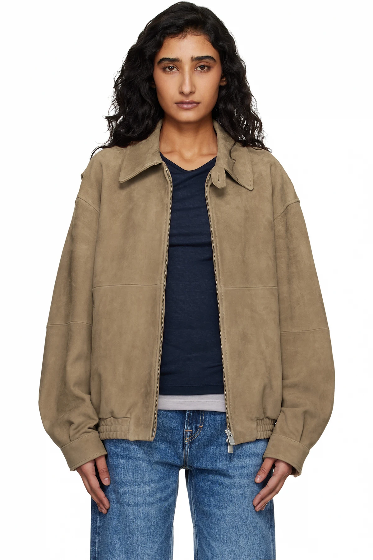 Tan Goat Suede Relaxed Bomber Jacket