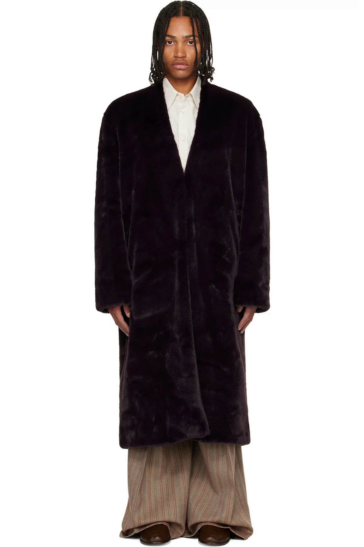 Burgundy Shawl Faux-Fur Coat