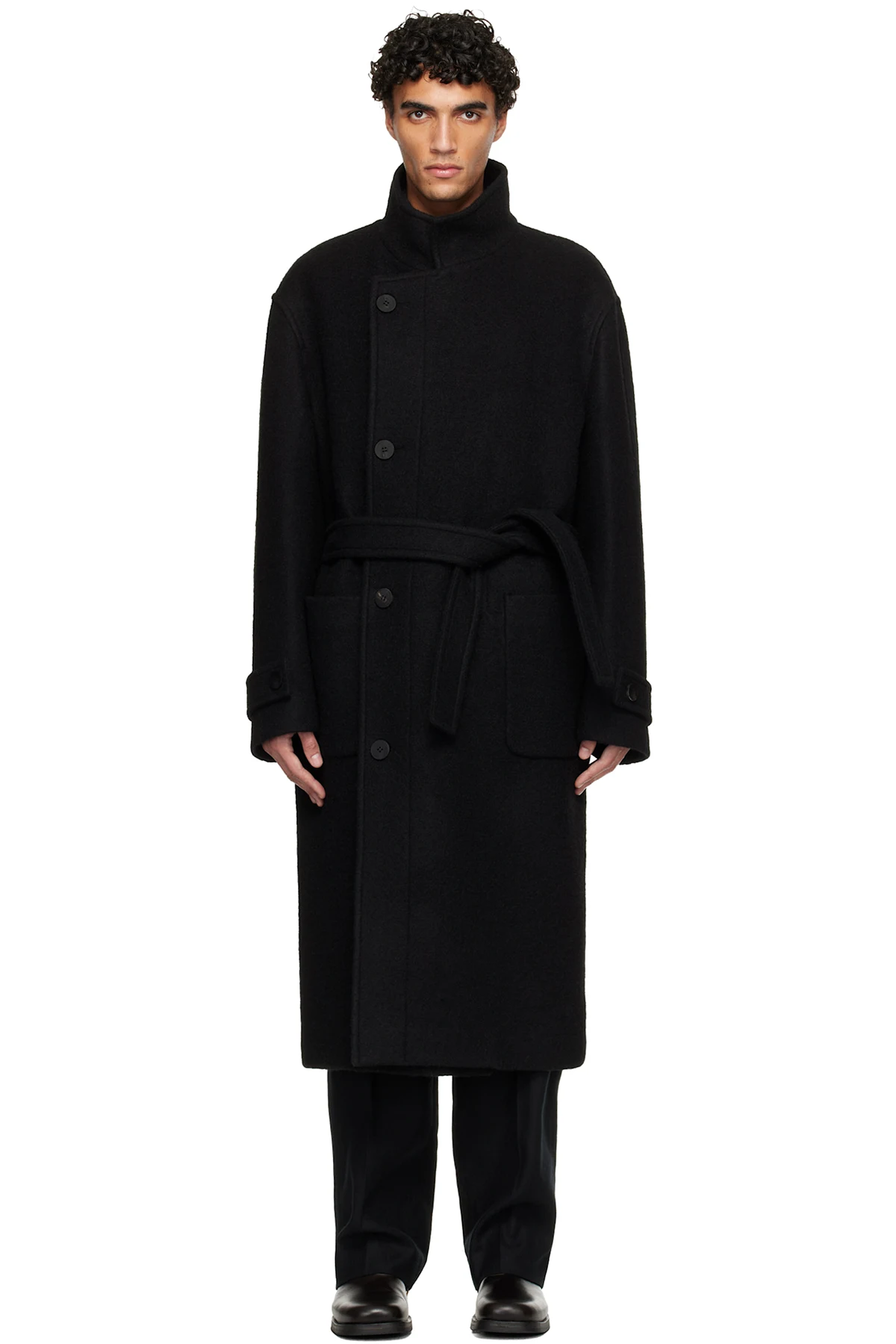 Black Wool Blend High-Neck Coat