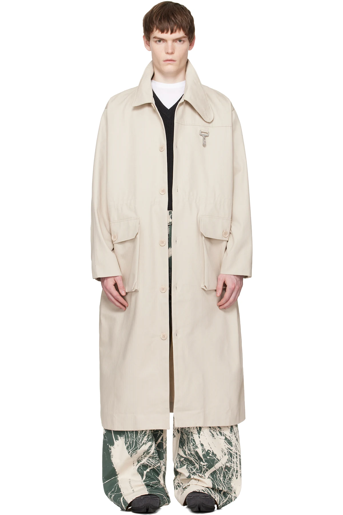 Beige Cotton Herringbone Overcoat