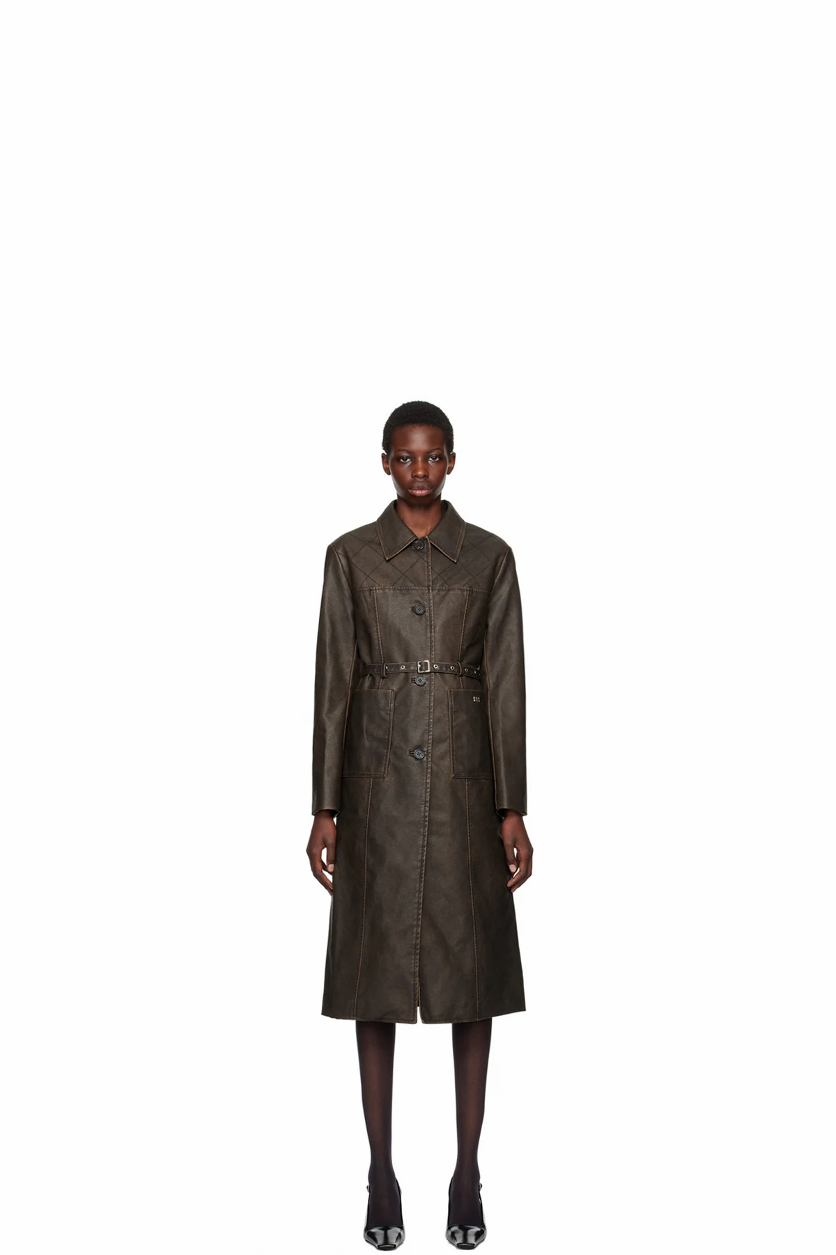 Brown Stitched Faux-Leather Coat