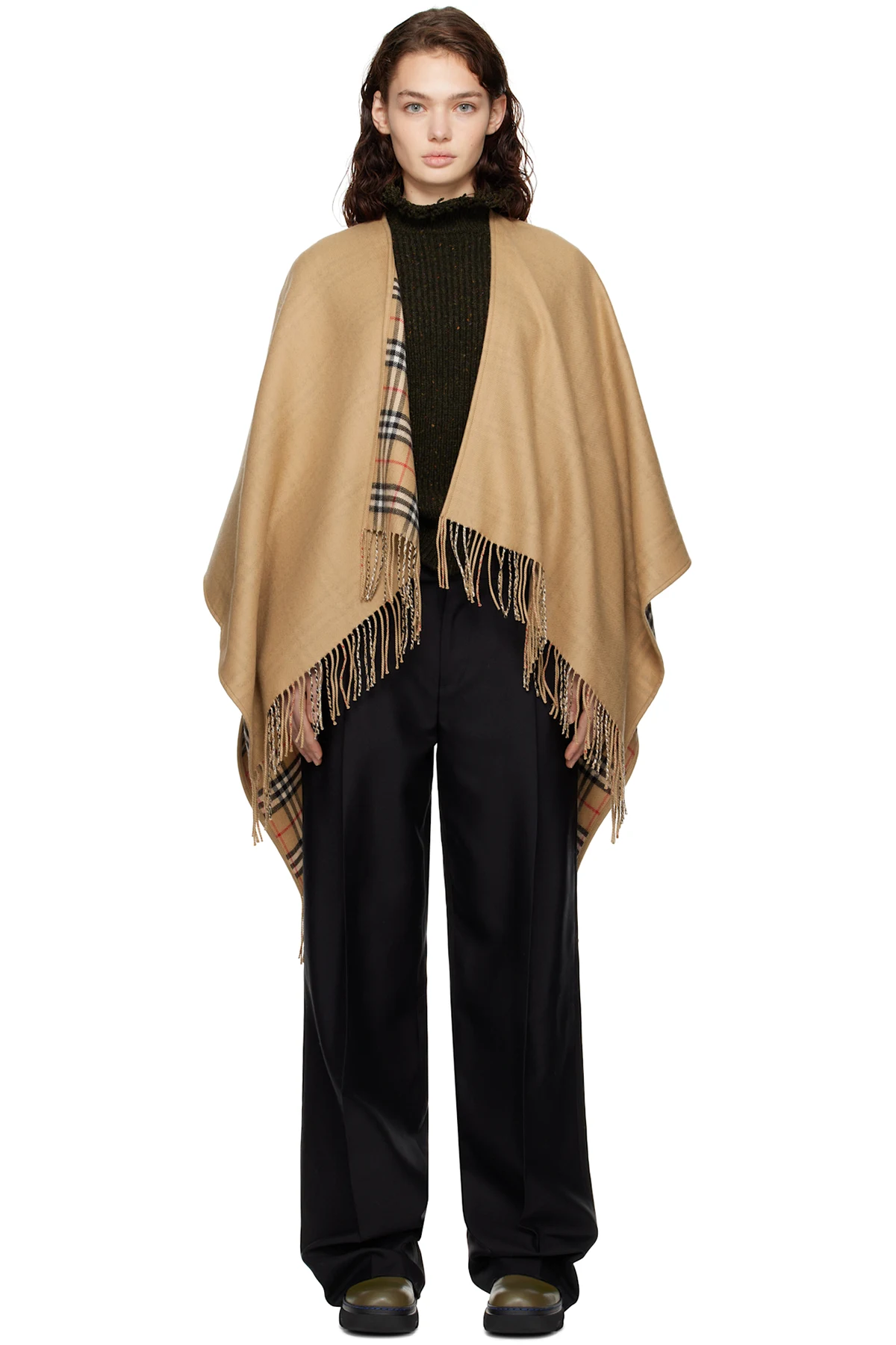 Beige Check Wool Reversible Cape