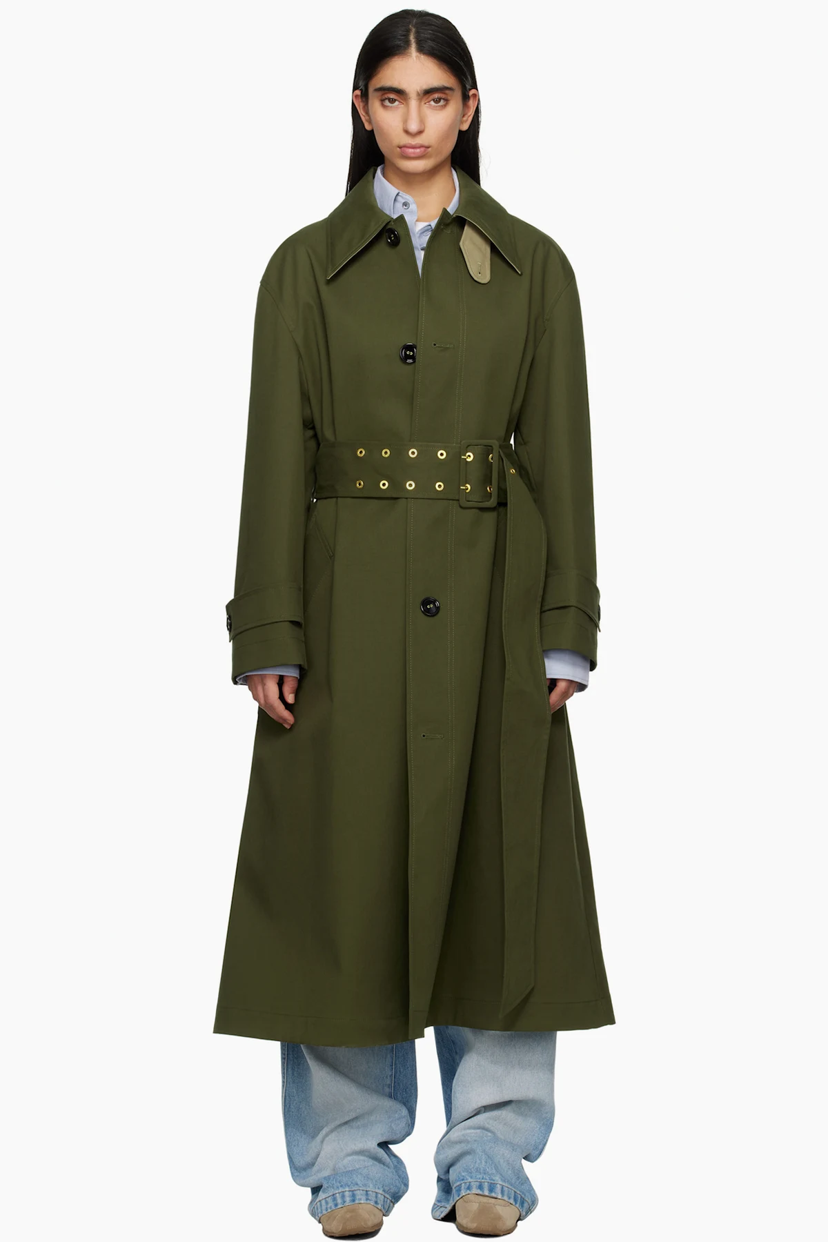 Green Cotton Belted Mac Coat