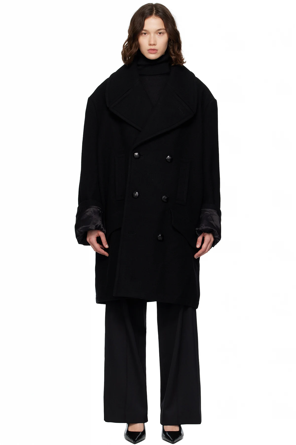 Black Wool Felt Double-Breasted Coat