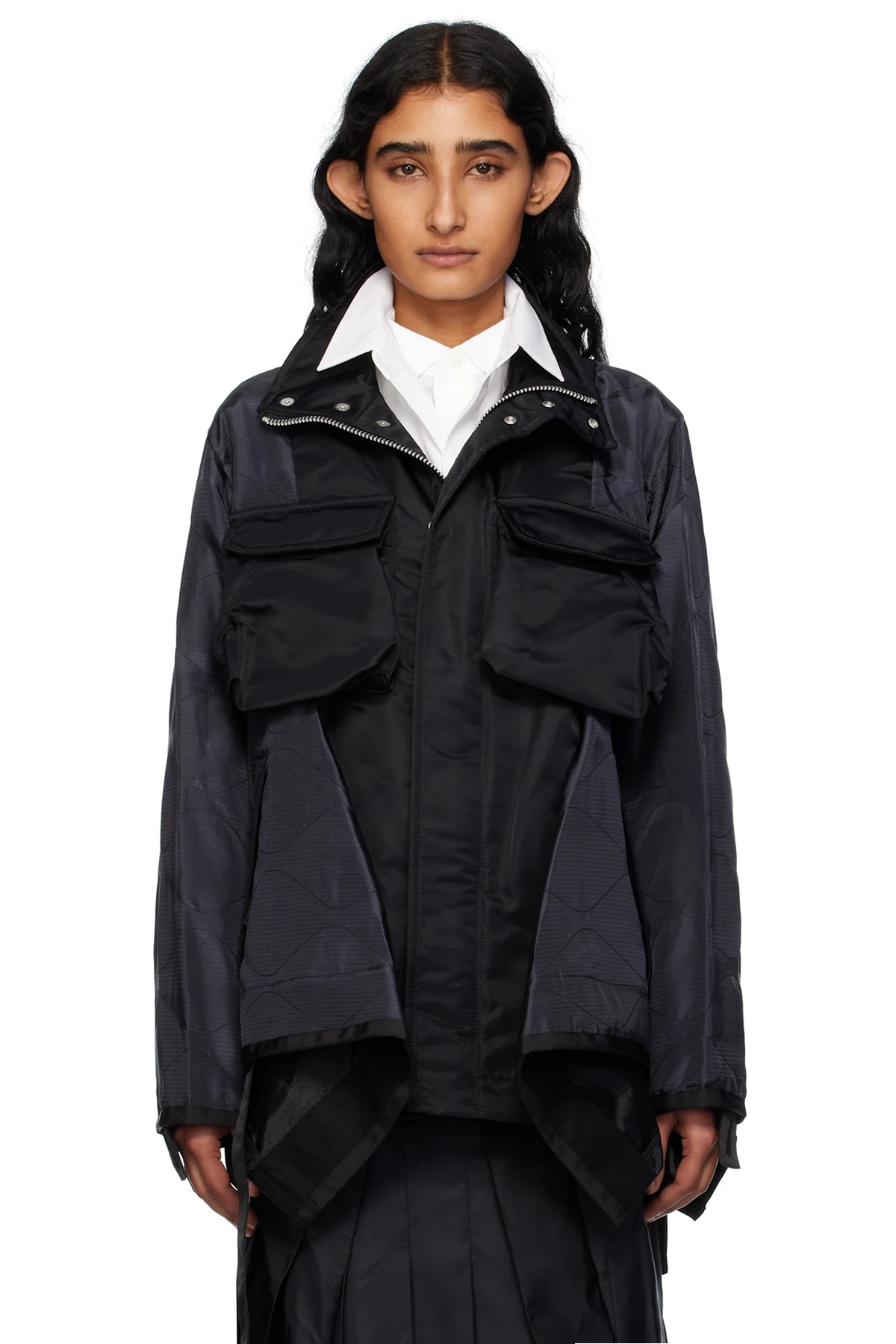 Black Nylon Twill Mix Coat
