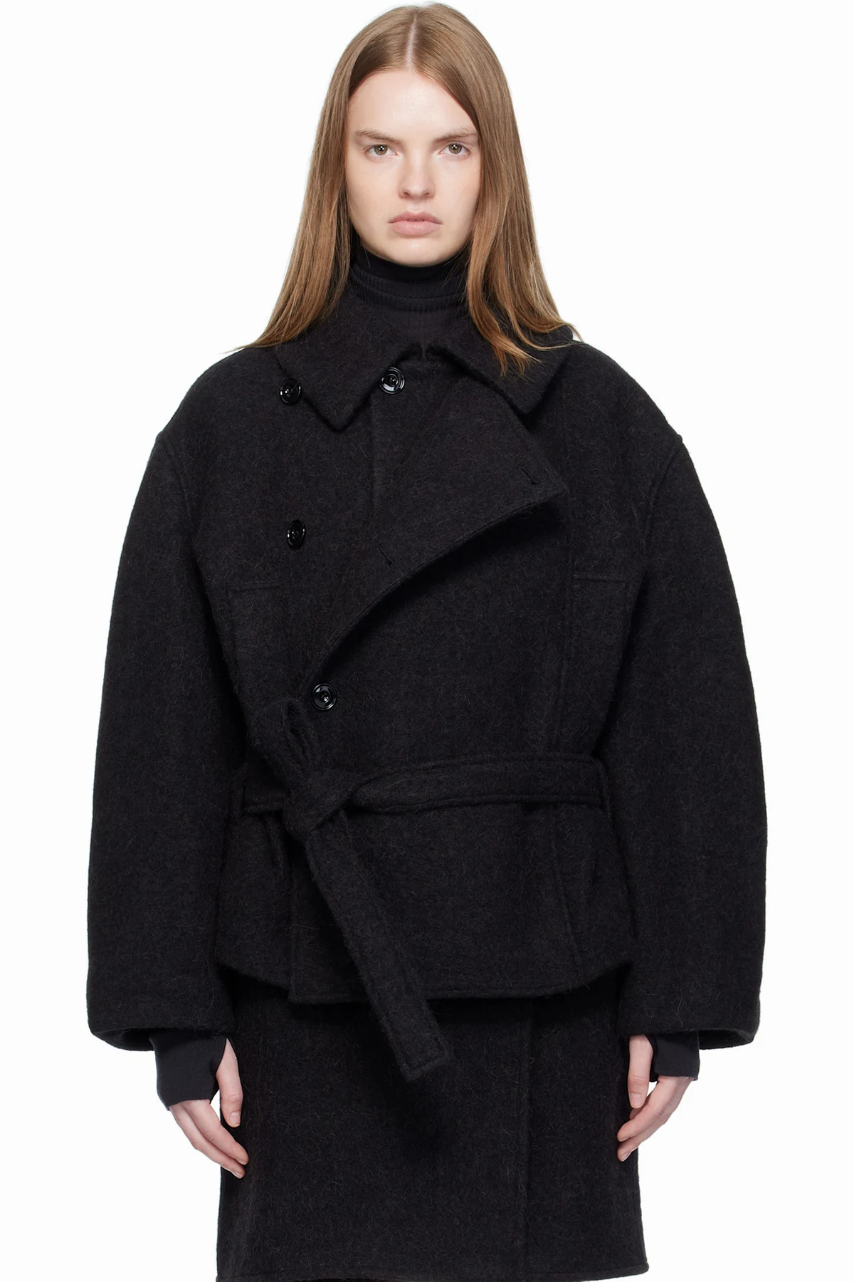 Black Short Asymmetrical Bathrobe Coat