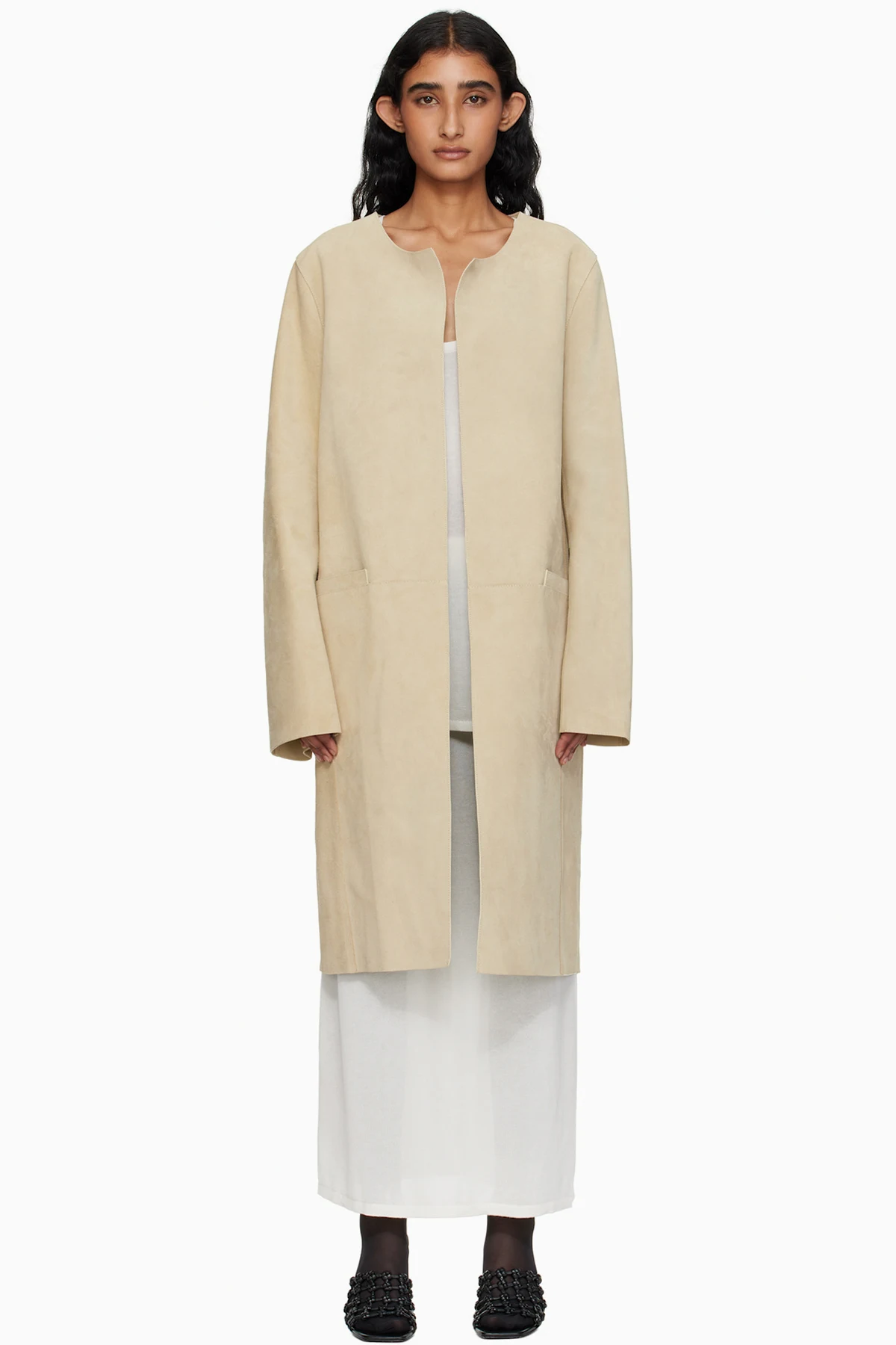 Beige Collarless Suede Coat